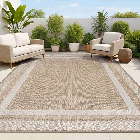Jonathan Y Dover Classic 3-Stripe Border Beige/Cream 5 ft. x 8 ft. Indoor/Outdoor Area Rug TSN209A-5