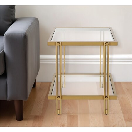Homeroots 22" Brass And Clear Glass And Steel Square End Table With Shelf 544195