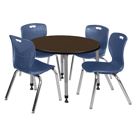 Regency Round Kee Adjustable Classroom Table W/ 4 Andy Stack Chairs, 42 in W, 42 in L, Neo Walnut TB42RNDNWAPGY40NV