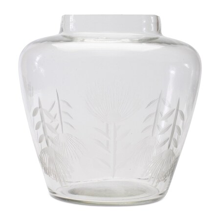 Homeroots 7" Clear Etched Leaf Glass Urn Table Vase 632637