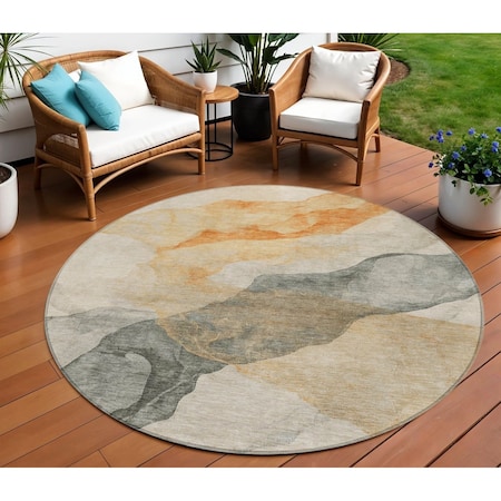 Homeroots 8' Orange And Gray Round Abstract Washable Indoor Outdoor Area Rug 631841