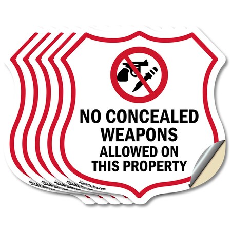 Signmission Concealed Carry Shield Sign No Concealed, 6 inch X 6 inch, Vinyl Decal, 5PK SHI-D-5PACK-6-372