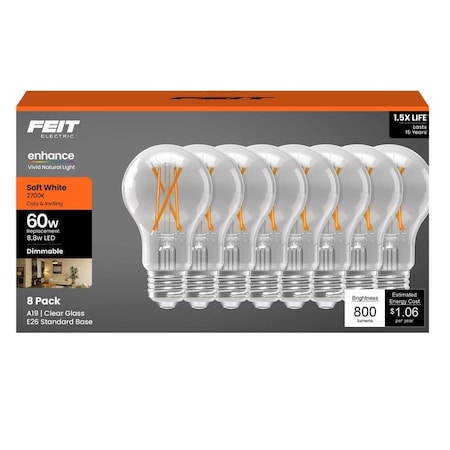 Feit Electric Feit A19 E26 Medium Filament LED Bulb Soft White 60 Watt Equivalence, 8PK A1960CL927FL8GB