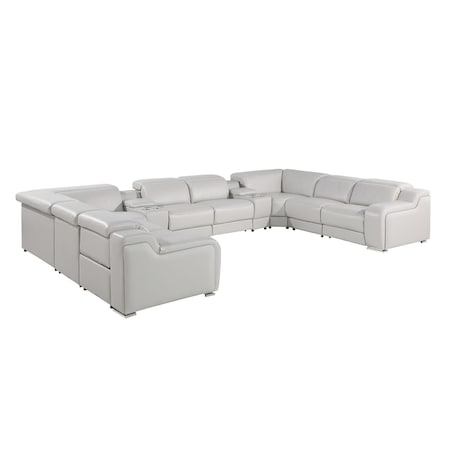 Homeroots Light Gray Italian Leather Power Reclining U Shaped Ten Piece Corner Sectional With Console 632580