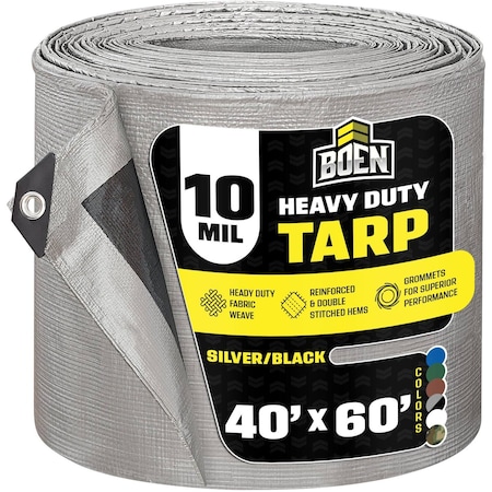 Boen Heavy Duty Tarp, 40 ft x 60 ft, 10 Mil, Silver/Black, Polyethylene ST-4060