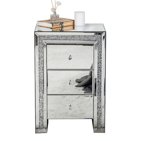 Homeroots 27" Silver Wood and Mirror And Mirrored Glass Three Drawer Nightstand 499317