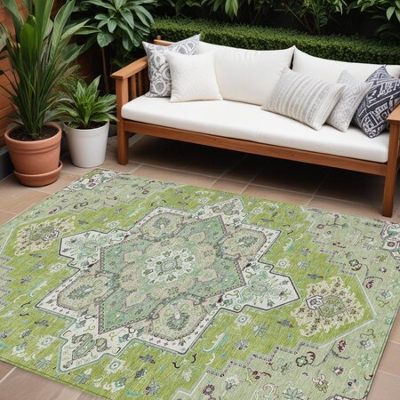 Homeroots 8' X 10' Green Ivory And Brown Oriental Washable Indoor Outdoor Area Rug 600153