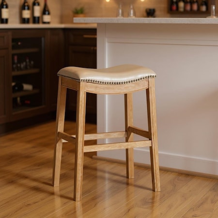 Homeroots 31" Beige and Natural Faux Leather and Solid Wood Backless Bar Height Bar Chair 632365