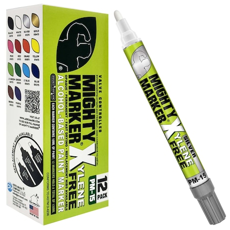 Mighty Marker PM-15 Paint Marker, Eco-Friendly, 10ml Alcohol Based Paint, Silver Color Family, 12-Box 01215