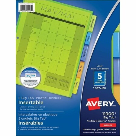 Avery Dennison Avery Big Tab Plastic Insertable Divider, Print-on, 5 Tabs, Multicolor/Multicolor 11900