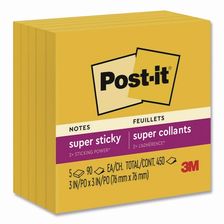 Post-It Super Sticky Note Pads in Playful Primary Colors, 3 x 3, Sunnyside, 90 Sheets/Pad, 5PK 6545SSY