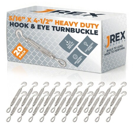 Jrex Safety Galvanized Steel Hook and Eye Turnbuckle - 5/16" x 4-1/2", 20PK GTB516-JR-HE-20PK