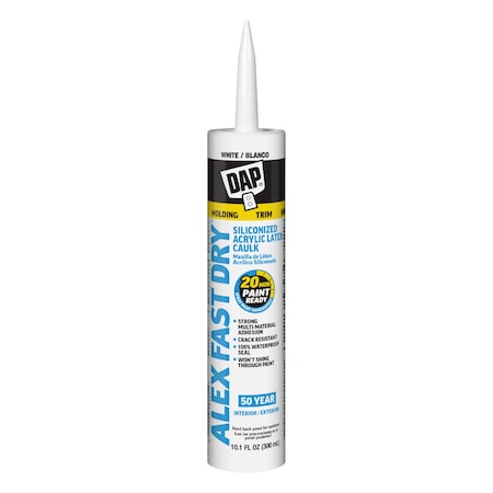 Dap Silicone Caulk, 10 oz, Cartridge, White, Silicone Base, ALEX FAST DRY 18425