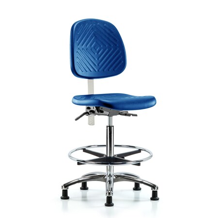 Blue Ridge Ergonomics Poly Clean Room Chair, High Bench, Med Back, Tilt, Foot Ring, Glides, Blue BR-NCR-PHBCH-MB-CR-T1-A0-CF-RG-BLU