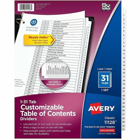 Avery Dividers, Index, Ready, 1-31 31PK AVE11128