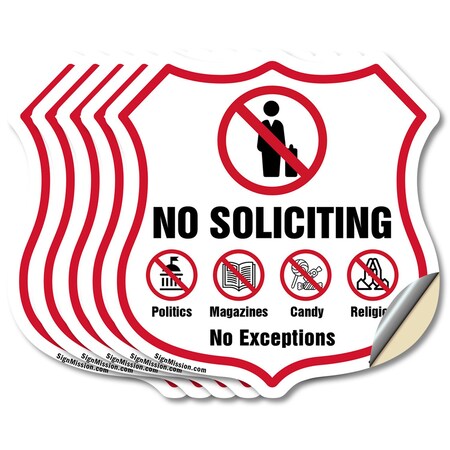 Signmission No Soliciting Shield Sign No Politics Ma, 4 inch X 4 inch, Vinyl Decal, 5PK SHI-D-5PACK-4-403
