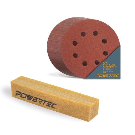 Powertec 5in 8 Hole Hook & Loop Sanding Discs, 40/80/120 Assorted Grit, 75PK with Abrasive Cleaning Stick 45055N