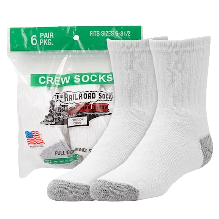 Railroad Sock Crew Socks, 85% Cotton, 15% Nylon, White/Grey, 13-5Y, 6 PK 7080
