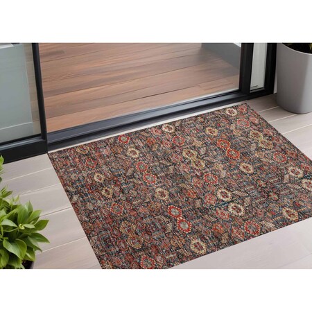 Homeroots 2' X 3' Red and Dark Blue Floral Washable Non Skid Indoor Outdoor Area Rug 564365