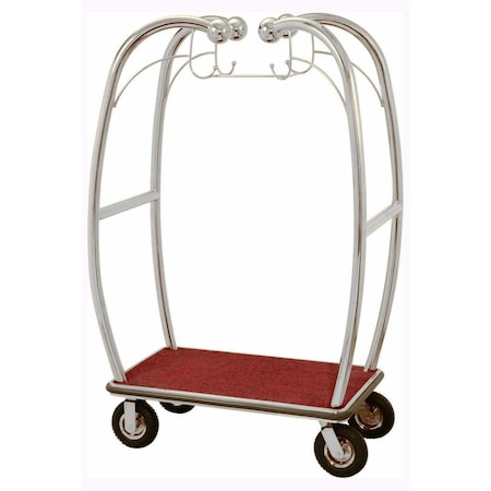 Aarco Curved Bellman's Luggage Cart, All Welded Construction, Chrome Finish, 8 in Pneumatic Wheels, Red Carpet Bed and Bumper Guards, 47.25 in L x 25.5 in W x 73 in H BEL-101C-4P