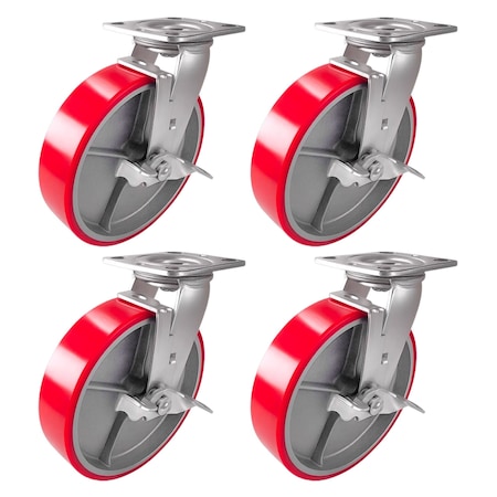 Hyw Products Heavy Duty Caster Set 8in Red Polyurethane on Cast Iron Wheels, 4 Swivel with Brake, 4PK 40-80S-A1-PC-TB-4 (R)
