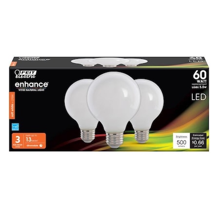 Feit Electric Enhance G25 E26 Medium Filament LED Bulb Soft White 60 Watt Equivalence, 3PK G2560W927CAFL3R