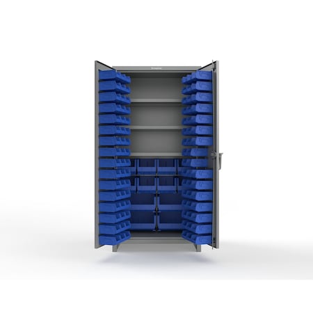 Strong Hold 14 GA Bin Cabinet with 3 Shelves - 36 In W. x 75 In. H x 24 In. D - 106 Blue Bins 36-BBS-243-106B-L