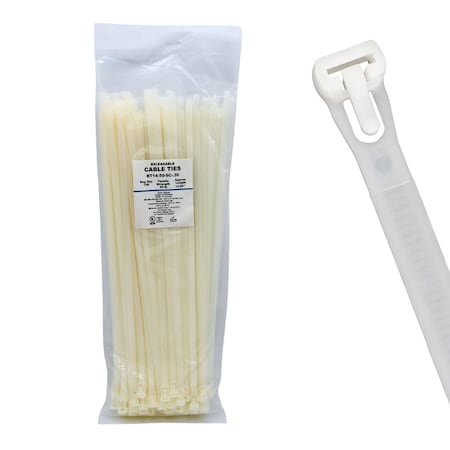 Cable Ties Unlimited Releasable Cable Tie, 14 in L, 50 lb Strength, 4 in Max Bundle Dia, Nylon 6/6, Natural, 100PK RT14-50-9C-.30