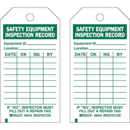Brady Tag SAFETY EQUIPMENT INSPECTION RECORD Paper 5.75 x 3 Green on White 100/PK, 100PK 86667