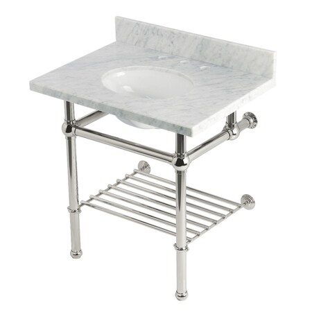 Kingston Brass 30-Inch Carrara Marble Console Sink with Brass Legs and Shelf, 8-Inch, 3-Hole KVPB3030MBB6