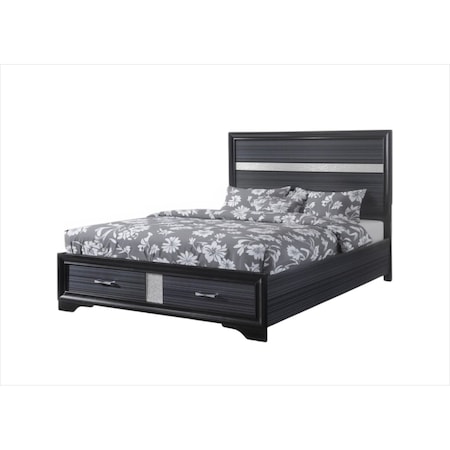 Homeroots Black Gray and Silver Faux Crystal Bling Wood King Bed Frame With Two Drawers 347070