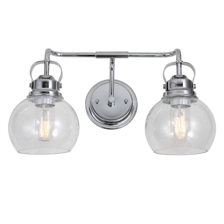 Jonathan Y Shirley 17.5" 2-Light Farmhouse Industrial Metal LED Vanity Light w/Seeded Glass Globe Shades, Chrome JYL7404A