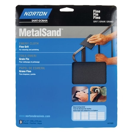 Norton Co MetalSand 076607 Sanding Sheet, 11 in L, 9 in W, Fine, Emery Abrasive, Cloth Backing 47805