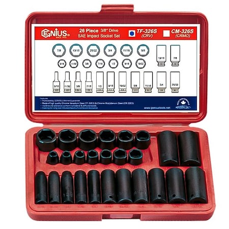 Genius Tools 26PC 3/8in Dr. SAE Impact Socket Set TF-326S
