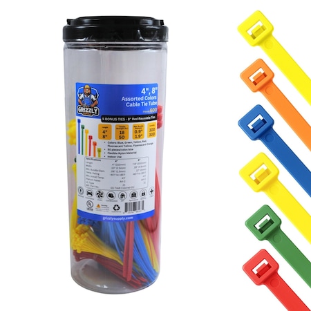 Grizzly Supply Cable Tie Tubes Assortment, 4 in, 8 in L, 18 to 50lb Strength, Nylon 6/6, Assorted Colors, 605PK GS-T4x8-Colored-DC