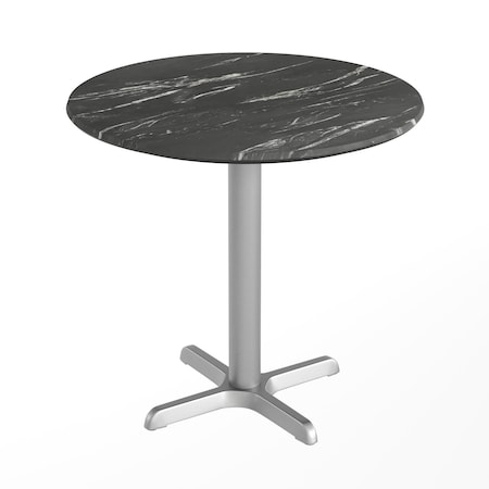 Flash Furniture Commercial All-Weather 31.25" Black Faux Marble HPL Tabletop with Silver X Base ST-RD31-BKMAR-T2222S-GG