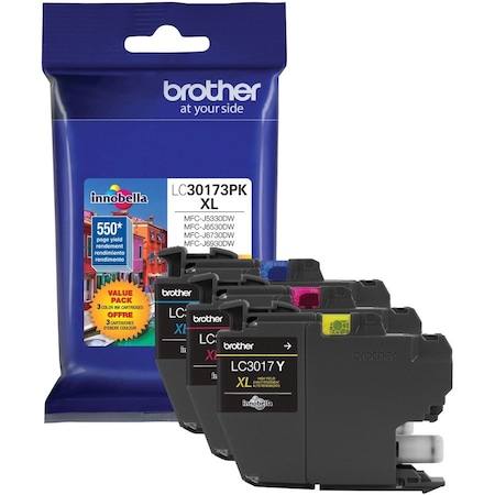 Brother High Yield Cyan/Magenta/Yellow Ink Cartridges, 550 Yield, PK3 LC30173PK