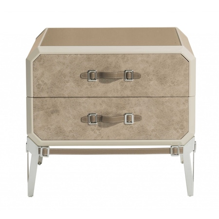 Homeroots 18" X 28" X 25" Vintage Beige Pu Wood Upholstered (Front) Metal Leg Veneer (Melamine) Nightstand 347162