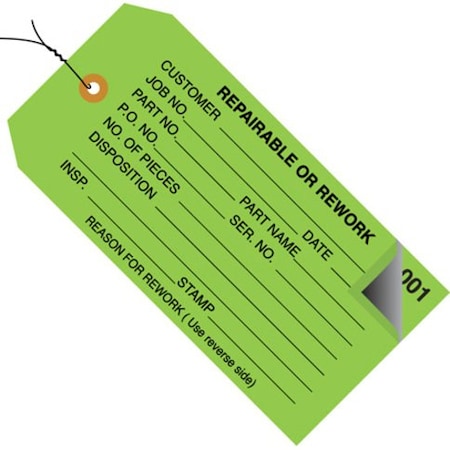 Box Packaging 2 Part Inspection Tag "Repairable Or Rework", Pre WiredNo 5, 4-3/4"L x 2-3/8"W, Green, 500/Pack G21033