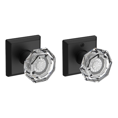 Baldwin Passage Crystal Knob with Traditional Square Rose with 6AL Latch and Dual Strike Satin Black Finish PSCRYTSR190
