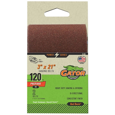 Gator Finishing Red Resin 3 x 21 in. Sanding Belt, 120 Grit, Fine, 2PK 3145