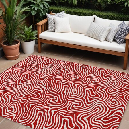 Homeroots 8' X 10' Red And Ivory Abstract Washable Indoor Outdoor Area Rug 599751