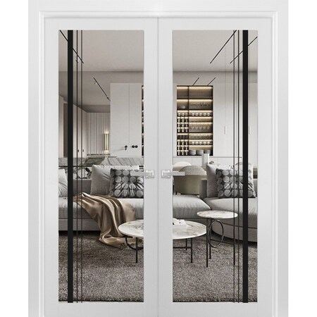 Sartodoors Solid French Double Doors Clear Glass, Lucia 2566 White Silk and Aluminum Strips, Wood Solid Panel LUCIA2566DD-WS-36 x 84 (2* 18x84)