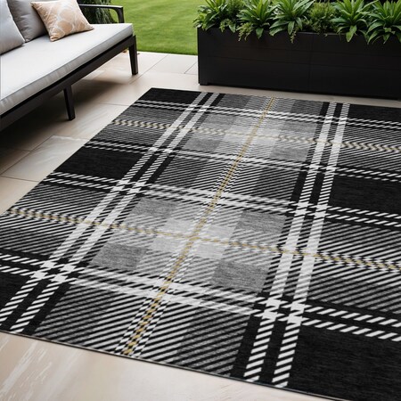 Homeroots 5' X 8' Black Gold And Gray Plaid Washable Indoor Outdoor Area Rug 596310