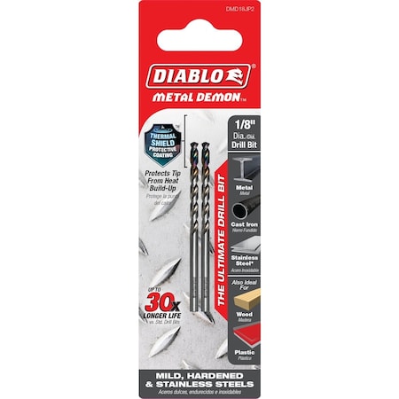 Diablo Metal Demon 1/8'' Drill Bit for Mild Hardened & Stainless Steels, 2PK DMD18JP2