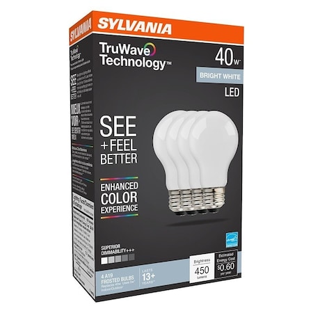 Sylvania Natural LED Bulb, A19 Lamp, 40 W Equivalent, E26 Medium Lamp Base, Dimmable, Frosted 41296