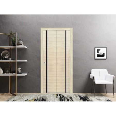 Sartodoors Sliding Closet Bi-fold Doors, Planum 0016 Natural Veneer and Aluminum Strips, Sturdy Tracks Molding PLANUM0016BF-SHP-72