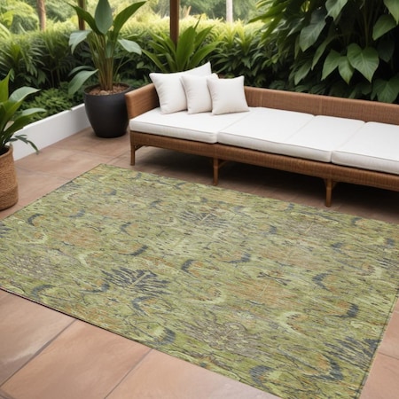 Homeroots 9' X 12' Artichoke Green Gray And Tan Damask Washable Indoor Outdoor Area Rug 603303