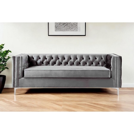 Homeroots 84" Gray Velvet Sofa With Silver Legs 543944