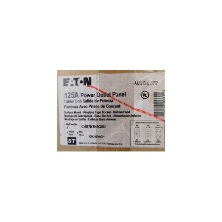 Eaton Power Outlet Panels Ringless 125A 240V 50/60Hz 1Ph 3Wire CHR7N7N5GSU